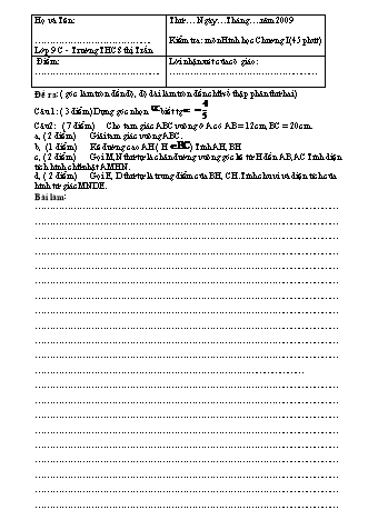 Đề kiểm tra Chương I môn Hình học 9 - Trường THCS thị Trấn