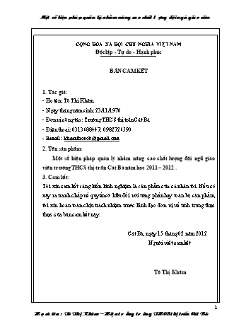 SKKN Một số biện pháp quản lý nhằm nâng cao chất lượng đội ngũ giáo viên trường THCS Thị trấn Cát Bà - Năm học 2011-2012