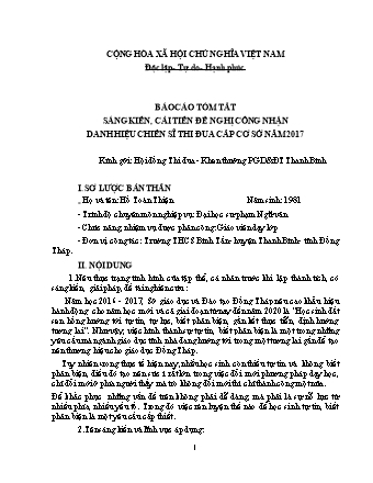 Báo cáo Tóm tắt sáng kiến, cải tiến đề nghị công nhận danh hiệu chiến sĩ thi đua cấp cơ sở năm 2017