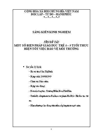 Sáng kiến kinh nghiệm Một số biện pháp giáo dục trẻ 4-5 tuổi thực hiện tốt việc bảo vệ môi trường