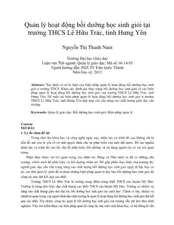 SKKN Quản lý hoạt động bồi dưỡng học sinh giỏi tại trường THCS Lê Hữu Trác, tỉnh Hưng Yên