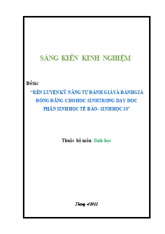 Sáng kiến kinh nghiệm Rèn luyện kỹ năng tự đánh giá và đánh giá đồng đẳng cho học sinh trong dạy học phần sinh học tế bào - Sinh học 10