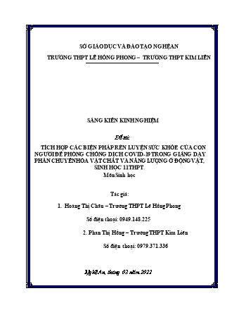 Sáng kiến kinh nghiệm Tích hợp các biện pháp rèn luyện sức khỏe của con người để phòng chống dịch covid-19 trong giảng dạy phần chuyển hóa vật chất và năng lượng ở động vật, sinh học 11 THPT