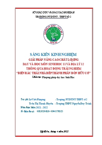 SKKN Giải pháp nâng cao chất lượng dạy và học môn Sinh học 11 và Địa lý 12 thông qua hoạt động trải nghiệm “Biến rác thải nhà bếp thành phân bón hữu cơ’’