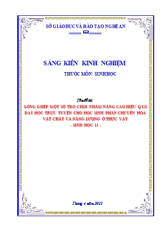 SKKN Lồng ghép một số trò chơi nhằm nâng cao hiệu quả dạy học trực tuyến cho học sinh phần chuyển hóa vật chất và năng lượng ở thực vật - Sinh học 11