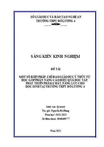 SKKN Một số biện pháp chỉ đạo giáo dục ý thức tự học góp phần nâng cao hiệu quả học tập, phát triển phẩm chất, năng lực cho học sinh tại trường THPT Đô Lương 4