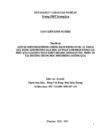 SKKN Một số biện pháp phòng chống dịch bệnh covid-19, nhằm xây dựng môi trường dạy học an toàn góp phần nâng cao hiệu qủa giáo dục toàn diện cho học sinh dân tộc thiểu số tại trường Trung học Phổ thông Mường Quạ