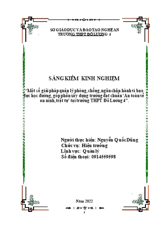 SKKN Một số giải pháp quản lý phòng, chống, ngăn chặn hành vi bạo lực học đường, góp phần xây dựng trường đạt chuẩn An toàn về an ninh, trật tự tại trường THPT Đô Lương 4