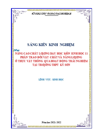 SKKN Nâng cao chất lượng dạy học môn Sinh học 11 phần trao đổi vật chất và năng lượng ở thực vật thông qua hoạt động trải nghiệm tại trường THPT Kỳ Sơn