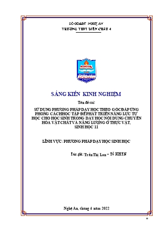 SKKN Sử dụng phương pháp dạy học theo góc đáp ứng phong cách học tập để phát triển năng lực tự học cho học sinh trong dạy học nội dung chuyển hóa vật chất và năng lượng ở thực vật, Sinh học 11