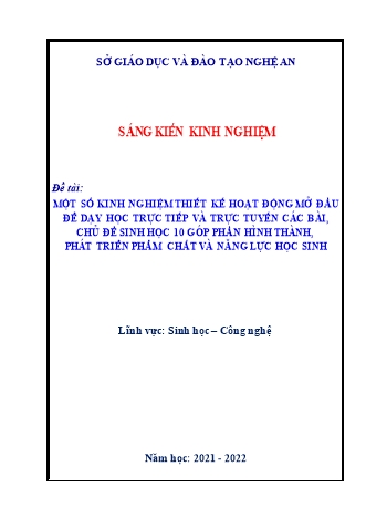 SKKN Thiết kế hoạt động mở đầu để dạy học trực tiếp và trực tuyến các bài, chủ đề Sinh học 10 góp phần hình thành, phát triển phẩm chất và năng lực học sinh