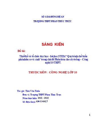 SKKN Thiết kế và tổ chức dạy học - Bài học Stem “Quy trình chế biến phân hữu cơ vi sinh” trong chủ đề Phân bón cho cây trồng – Công nghệ 10 THPT