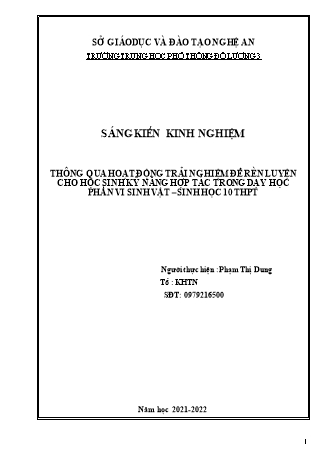 SKKN Thông qua hoạt động trải nghiệm để rèn luyện cho học sinh kỹ năng hợp tác trong dạy học phần vi sinh vật – Sinh học 10 THPT