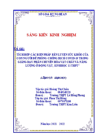 SKKN Tích hợp các biện pháp rèn luyện sức khỏe của con người để phòng chống dịch covid-19 trong giảng dạy phần chuyển hóa vật chất và năng lượng ở động vật, Sinh học 11 THPT