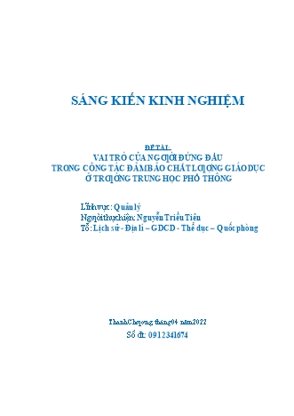 SKKN Vai trò của người đứng đầu trong công tác đảm bảo chất lượng giáo dục ở trường Trung học Phổ thông