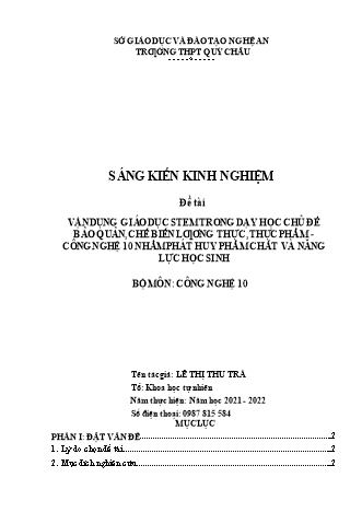 SKKN Vận dụng giáo dục stem trong dạy học chủ đề bảo quản, chế biến lương thực, thực phẩm - Công nghệ 10 nhằm phát huy phẩm chất và năng lực học sinh