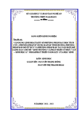 SKKN Vận dụng linh hoạt một số phương pháp dạy học tích cực (phương pháp sử dụng bài tập tình huống, phương pháp bản đồ tử duy và phương pháp bàn tay nặn bột) để giảng dạy chủ đề Sinh trưởng và phát triển ở thực vật – Sinh học 11 nhằm phát triển năng lực 